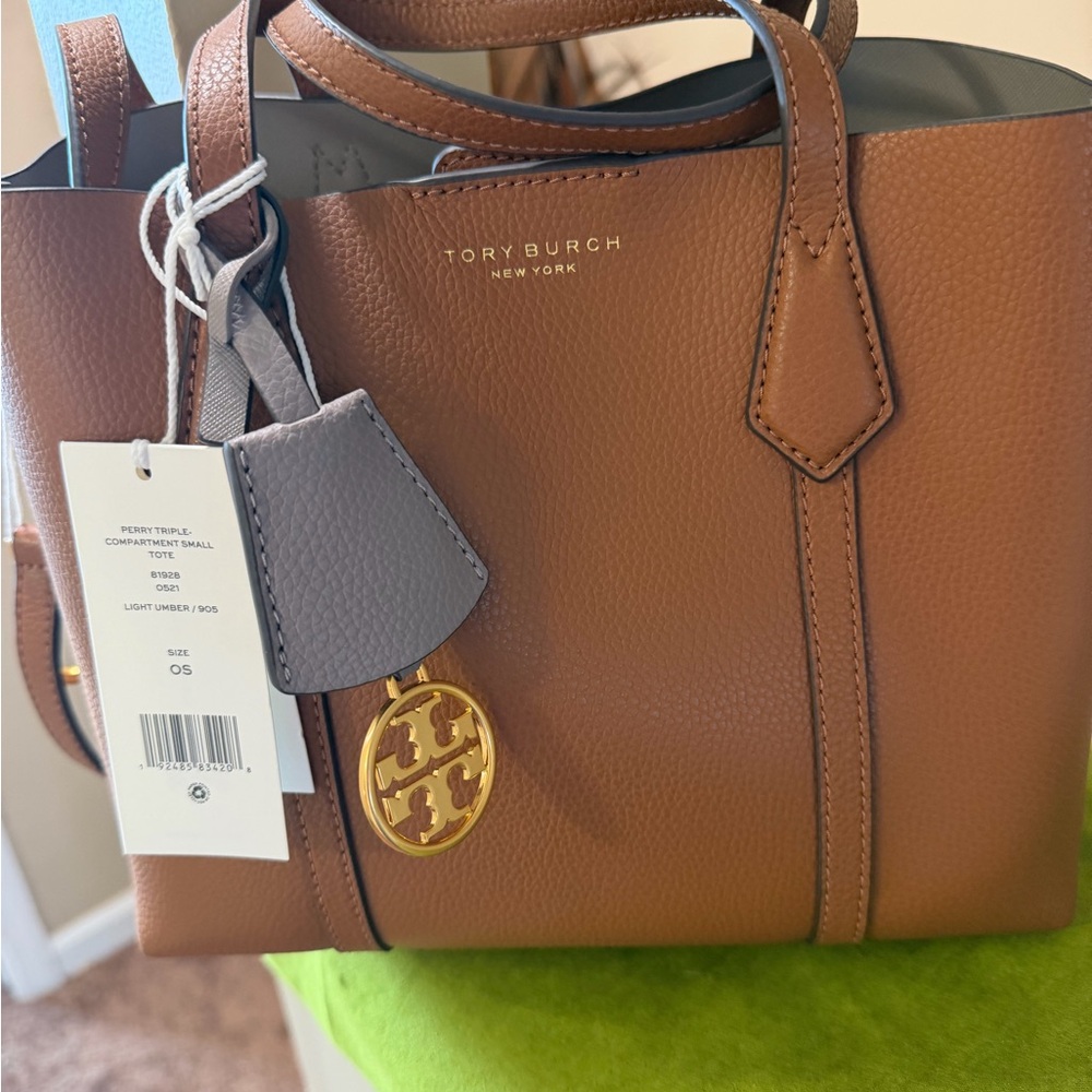 Tory Burch Brown Pebbled Leather Tote with Gray Tag and Gold Logo